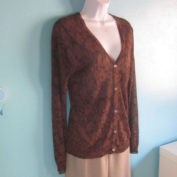 Classiques Entier Vintage Sz M Brown Floral Fitted Knit Button Cardigan Sweater - Picture 1 of 12